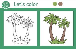 página para colorir tropical para crianças. ilustração em vetor palmeira. contorno de planta de praia engraçado bonito. livro de cores de verão na selva para crianças com versão colorida e exemplo