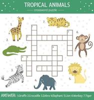 palavras cruzadas de verão vetor para crianças. quiz simples com animais tropicais para crianças. atividade educacional na selva com personagens engraçados fofos