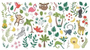 vetor definido com animais exóticos fofos, folhas, flores, frutas isoladas no fundo branco. ilustração engraçada de pássaros e plantas tropicais. imagem plana brilhante para crianças. clipart de verão na selva
