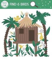 jogo de busca tropical para crianças com buzina da selva, papagaios, tucano, poupa. personagens sorridentes engraçados fofos. encontre pássaros escondidos na casa tropical. jogo de verão simples. vetor