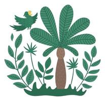 vector composição de floresta tropical fofa com papagaio voador, palmeira e folhas tropicais. ilustração engraçada da floresta tropical. imagem plana brilhante para crianças. clipart de verão na selva