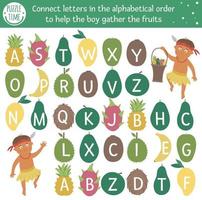 jogo abc tropical com personagens fofinhos. atividade de labirinto de alfabeto exótico para crianças pré-escolares. escolha letras de a a z para ajudar o menino a colher frutas. jogo de verão simples para crianças