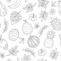 vector tropical preto e branco sem costura padrão com frutas, flores e folhas. folhagem da selva e papel digital de flores. fundo de plantas exóticas desenhadas à mão. textura de verão infantil monocromática