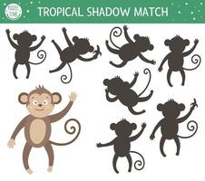 atividade de correspondência de sombra tropical para crianças. quebra-cabeça da selva pré-escolar. enigma educacional exótico bonito. encontre a planilha imprimível da silhueta de macaco correta. jogo de verão simples para crianças vetor