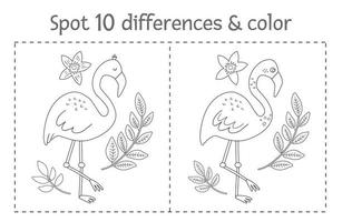 tropical encontrar diferenças e jogo de cores para crianças. atividade pré-escolar tropical preto e branco de verão com flamingo. página para colorir divertida para crianças vetor