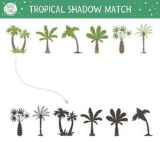 atividade de correspondência de sombra tropical para crianças. quebra-cabeça da selva pré-escolar. enigma educacional exótico bonito. encontre a planilha imprimível correta da silhueta da palmeira. jogo de verão simples para crianças vetor