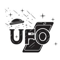 inscrição estilizada ufo telefone fotografa uma imagem em preto e branco de disco voador em um fundo isolado vetor