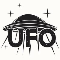 disco voador de ufo de inscrição estilizada voando através da imagem de inscrição em preto e branco em um fundo isolado vetor