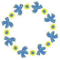 moldura redonda com pássaros azuis decorativos e girassol de flores amarelas. guardanapo em tons de amarelo e azul, cores da bandeira ucraniana. ilustração vetorial. padrão floral para decoração, design, impressão e guardanapos vetor