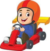 desenho animado garotinho dirigindo carro de corrida vetor