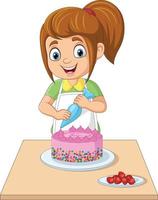 garota dos desenhos animados, decorando um bolo de aniversário vetor