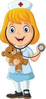 menina dos desenhos animados brincando de médico com brinquedo de ursinho de pelúcia e estetoscópio vetor