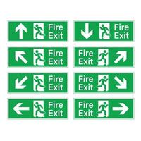 sinais de evacuação verdes de saída de incêndio com humano e porta vetor