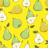 padrão de frutas sem costura com peras e folhas em um fundo amarelo. o plano de fundo da ilustração vetorial. vetor