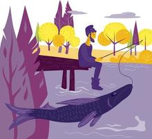 pescador pescando no rio ou lago, ilustração em vetor plana dos desenhos animados. recreação na natureza.