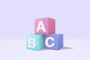 Blocos 3d abc conectando quebra-cabeça. símbolo do trabalho em equipe de negócios e conceito de desenvolvimento de inteligência de criança bebê, cooperação, parceria. renderização de vetor 3D isolado em fundo pastel
