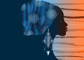 penteado afro, belo retrato mulher africana em turbante de tecido de impressão de cera, envoltório de cabeça colorido tribal étnico para cabelos cacheados afro, modelo de banner, vetor isolado em fundo laranja listrado
