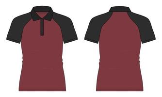 dois tons vermelho e preto cor manga curta raglan polo camisa técnica de moda plana esboço ilustração vetorial modelo vista frontal e traseira. vetor