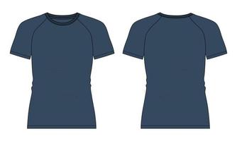 slim fit manga curta raglan t shirt técnico de moda plana esboço ilustração vetorial azul marinho modelo de cor vistas dianteiras e traseiras isoladas no fundo branco. vetor