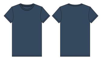 Modelo de cor azul marinho de desenho plano de moda técnica de camiseta de manga curta. ilustração vetorial design de vestuário básico frente e vista traseira. edição fácil e personalizável. vetor