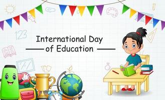 dia internacional da educação com menino inteligente aprendendo vetor