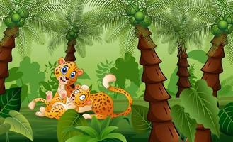 uma mãe guepardo com filhotes brincando na selva de palmeiras vetor