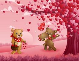 feliz dia dos namorados com um casal urso debaixo da árvore do coração vetor