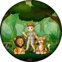cena da floresta com menino de safári e animais em moldura circular vetor