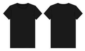 Modelo de cor preta de esboço plano de moda técnica de camiseta de manga curta. ilustração vetorial design de vestuário básico frente e vista traseira. edição fácil e personalizável. vetor