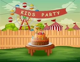 fundo de festa infantil e bolo de aniversário no quintal vetor
