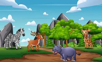 ilustração dos desenhos animados de animais selvagens brincando na savana vetor