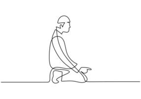 uma única linha contínua de homem orar sentado no fundo branco. vetor