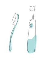 escova de dentes e escova de dentes elétrica uma linha. arte da linha de cuidados com os dentes. cuidado dental vetor
