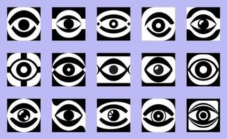 conjunto de ilustração de logotipo de vetor de olho. ícones de olho preto e branco isolados no fundo azul branco. olhos em quadrados abstratos conjunto de ícones.