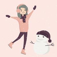 linda garota brincar com o boneco de neve. ilustração vetorial. feliz inverno vetor