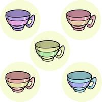 coleção de cartas redondas. um conjunto de xícaras coloridas para chá ou café no café da manhã. um conjunto de seis xícaras de cores diferentes. ilustração vetorial vetor