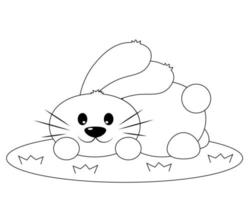 coelho bonito dos desenhos animados encontra-se na grama. desenhar ilustração em preto e branco vetor