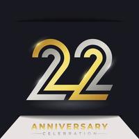Celebração de aniversário de 22 anos com cor dourada e prata de várias linhas vinculadas para evento de celebração, casamento, cartão de felicitações e convite isolado em fundo escuro