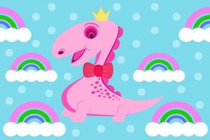 ilustração de padrão de dinossauro rosa de nuvem e arco-íris, papel de parede de desenho animado vetor