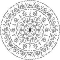 mandala anti-stress de contorno com um motivo floral no centro e gotas em um círculo, página para colorir redonda de repetir elementos abstratos vetor