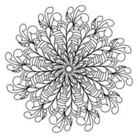 desenho de mandala de contorno com dezesseis raios de elementos abstratos de plantas semelhantes a cachos e gotas, zen anti estresse vetor