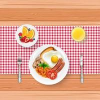 menu de café da manhã com ovo frito, frutas e café preto na mesa de madeira vetor