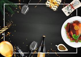 jantar festivo com peru assado no fundo do quadro-negro