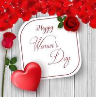8 de março. cartão de saudação do dia internacional da mulher feliz. rosas de flores. coração vermelho. espaço de papel branco para texto. pétala vermelha. fundo de madeira vetor