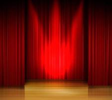 palco vazio com cortina vermelha e holofotes no piso de madeira vetor