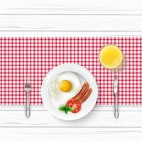 menu de café da manhã com ovo frito e bacon na mesa de madeira vetor