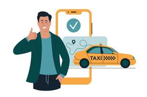 Táxi. carro amarelo e telefone celular. um homem de jaqueta mostra um gesto de mão de classe. conceito. imagem vetorial. vetor