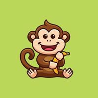 macaquinho bonitinho sorrindo segurando uma ilustração de desenho de banana isolada vetor