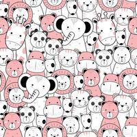 padrão perfeito com desenhos animados bonitos de animais selvagens desenhados à mão em ilustração vetorial de cor rosa e branca vetor