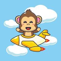 passeio de personagem de desenho animado de mascote de macaco fofo no jato de avião vetor